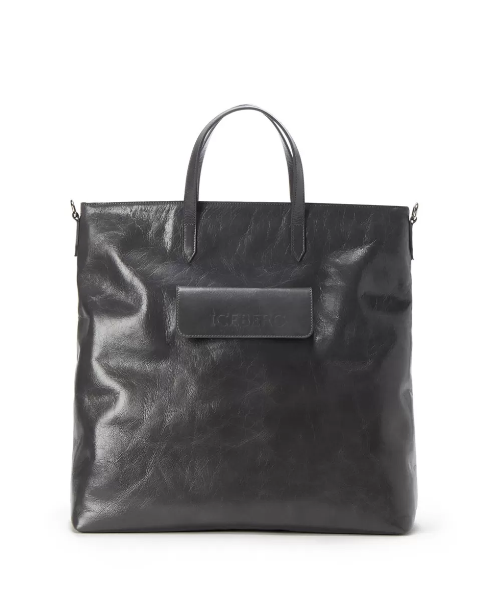 Iceberg Alias Leather Shopper Bag With Pocket Closure And Logo | Women Bags And Belts