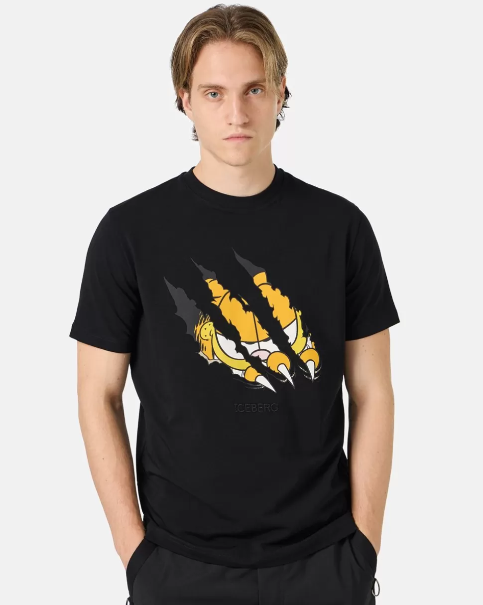 Iceberg Black Cotton Jersey T-shirt With Garfield Print And Embroidered Logo | Garfield | T-Shirts And Polo