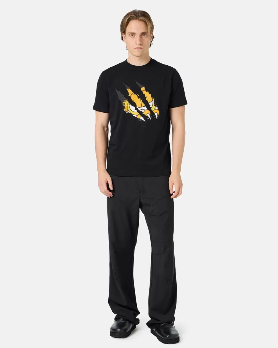 Iceberg Black Cotton Jersey T-shirt With Garfield Print And Embroidered Logo | Garfield | T-Shirts And Polo