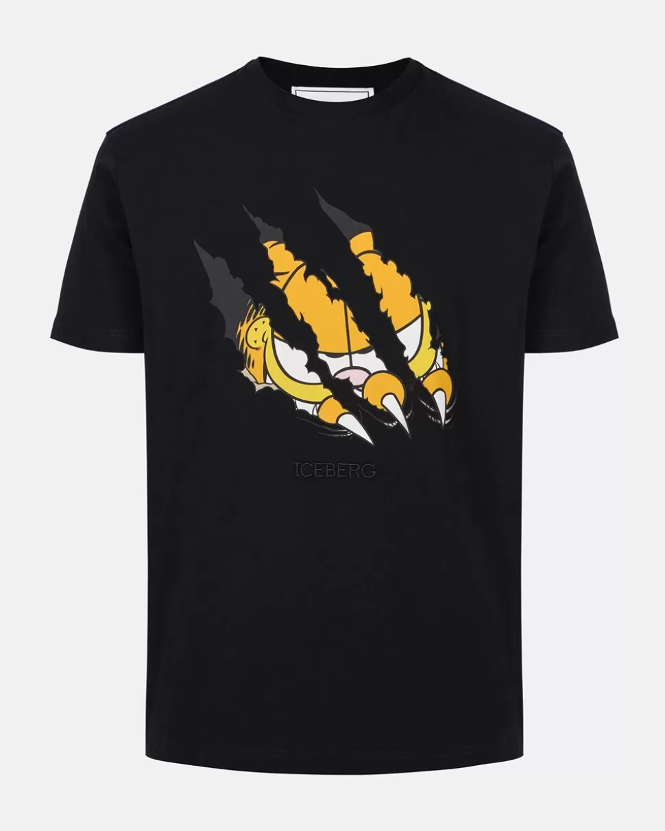 Iceberg Black Cotton Jersey T-shirt With Garfield Print And Embroidered Logo | Garfield | T-Shirts And Polo