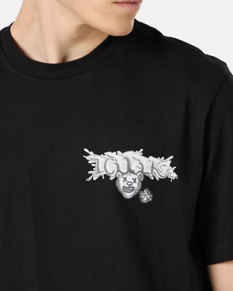 Iceberg Black Cotton Jersey T-shirt With Splash And Bear Logo Print On The Heart | T-Shirts And Polo