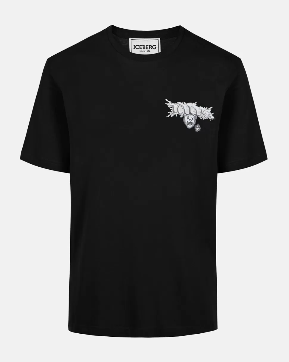 Iceberg Black Cotton Jersey T-shirt With Splash And Bear Logo Print On The Heart | T-Shirts And Polo