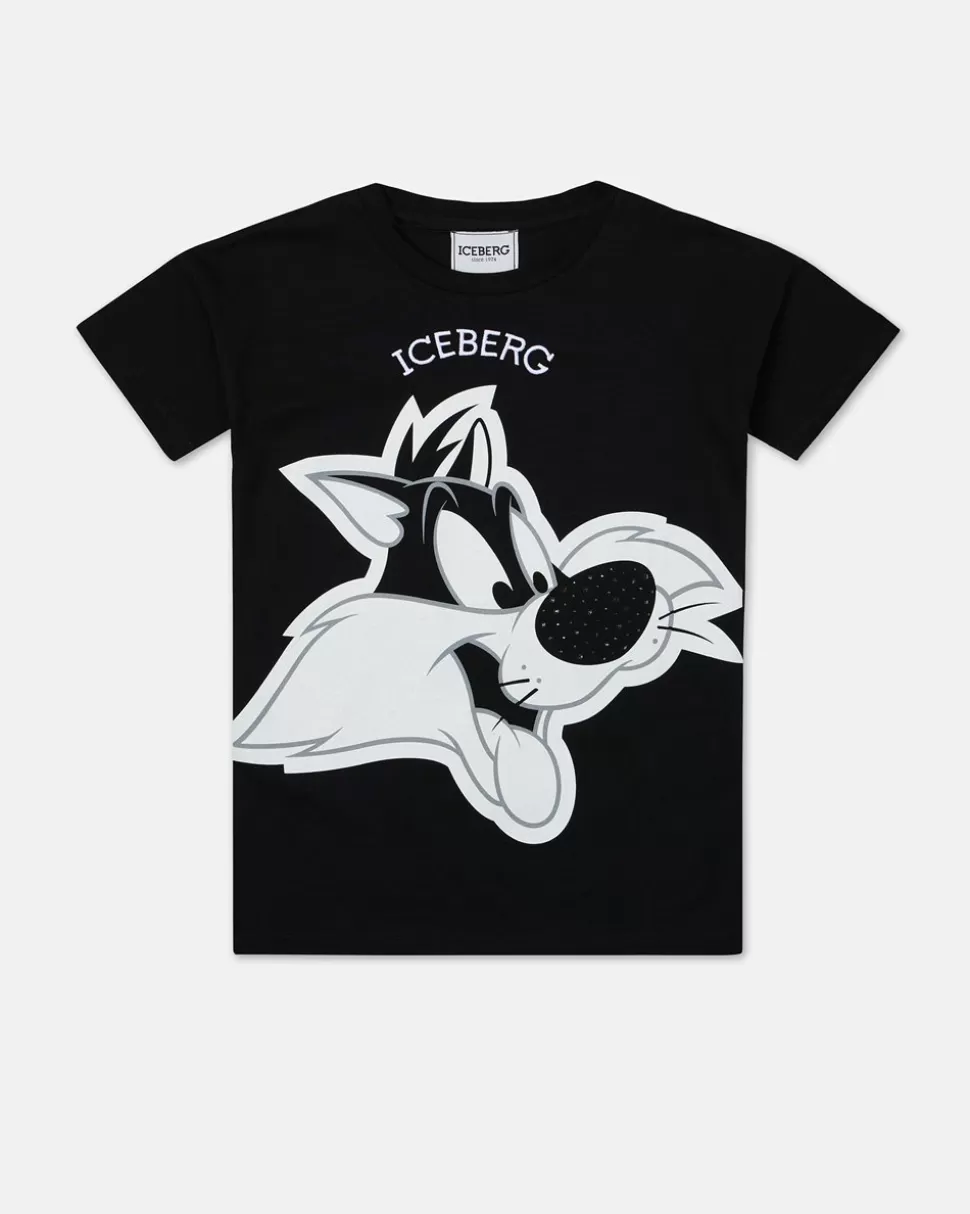 Iceberg Black Crew Neck Short Sleeve T-shirt With Sylvester The Cat And Logo | Kids Girl Fw24