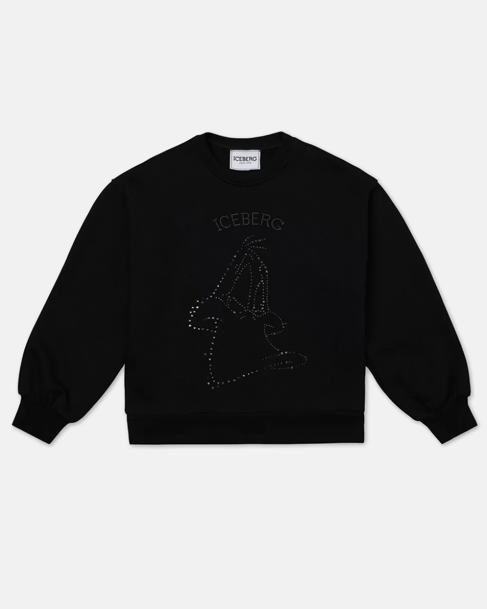 Iceberg Black Crewneck Sweatshirt With Studs And Logo | Kids Girl Fw24