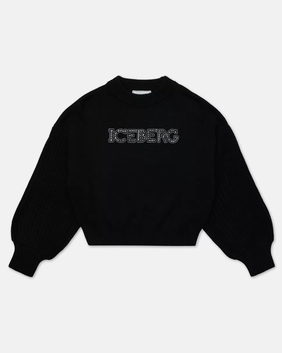 Iceberg Black Cropped Crew-neck Wool Sweater | Kids Girl Fw24