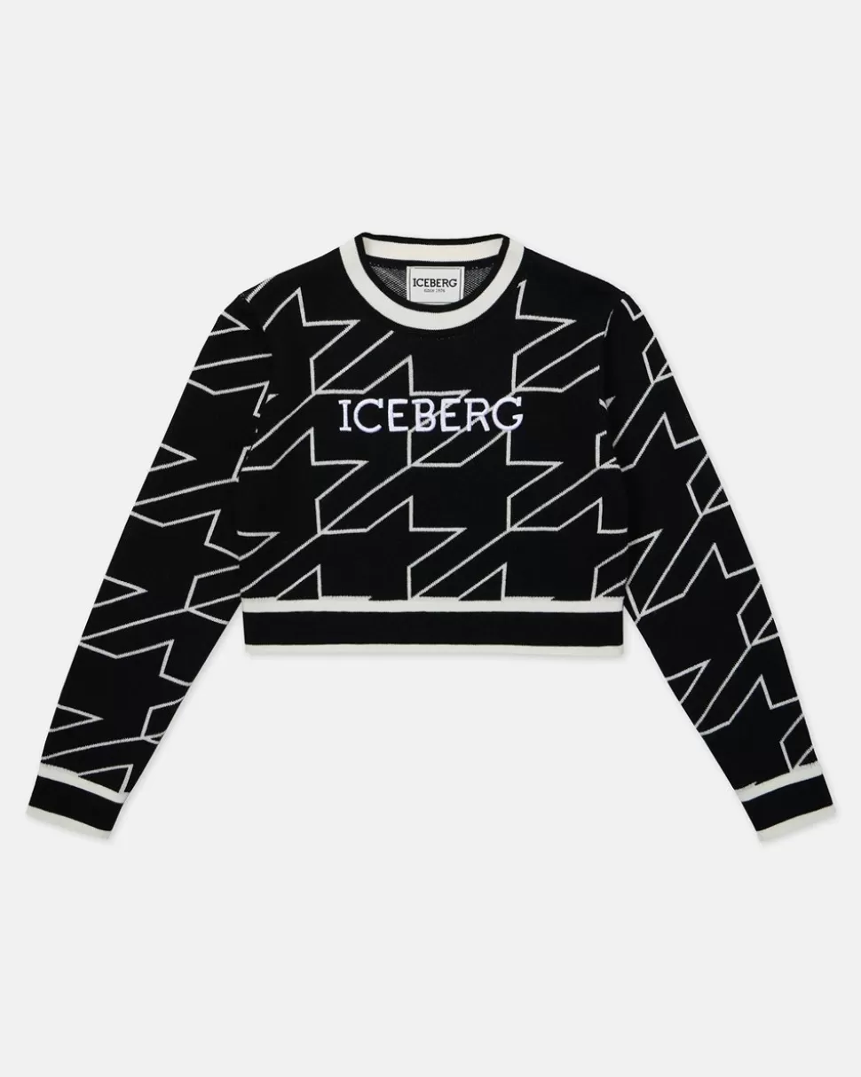 Iceberg Black Cropped Wool Sweater With Houndstooth Motif | Kids Girl Fw24