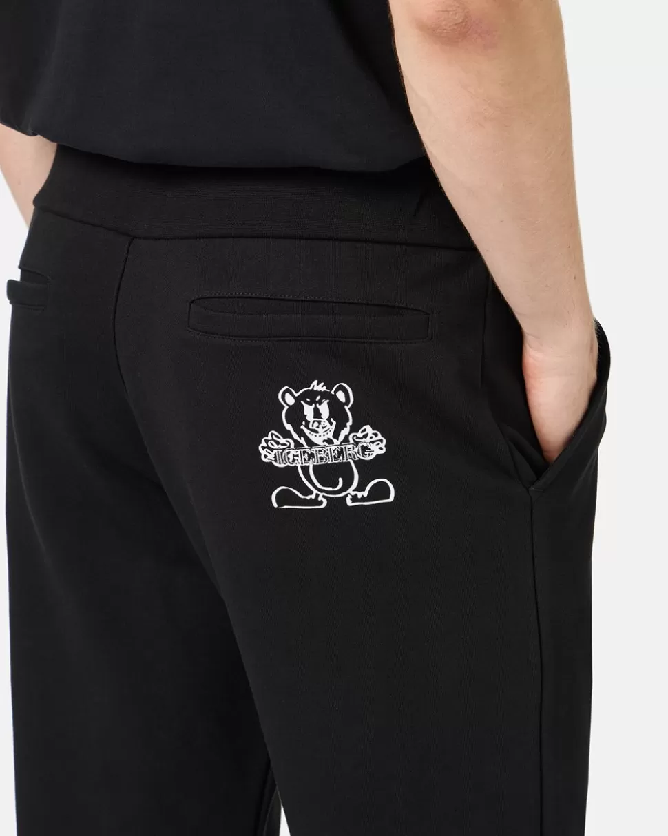 Iceberg Black Jogger Regular Fit Trousers In Fleece With Bear Print And Logo | Trousers
