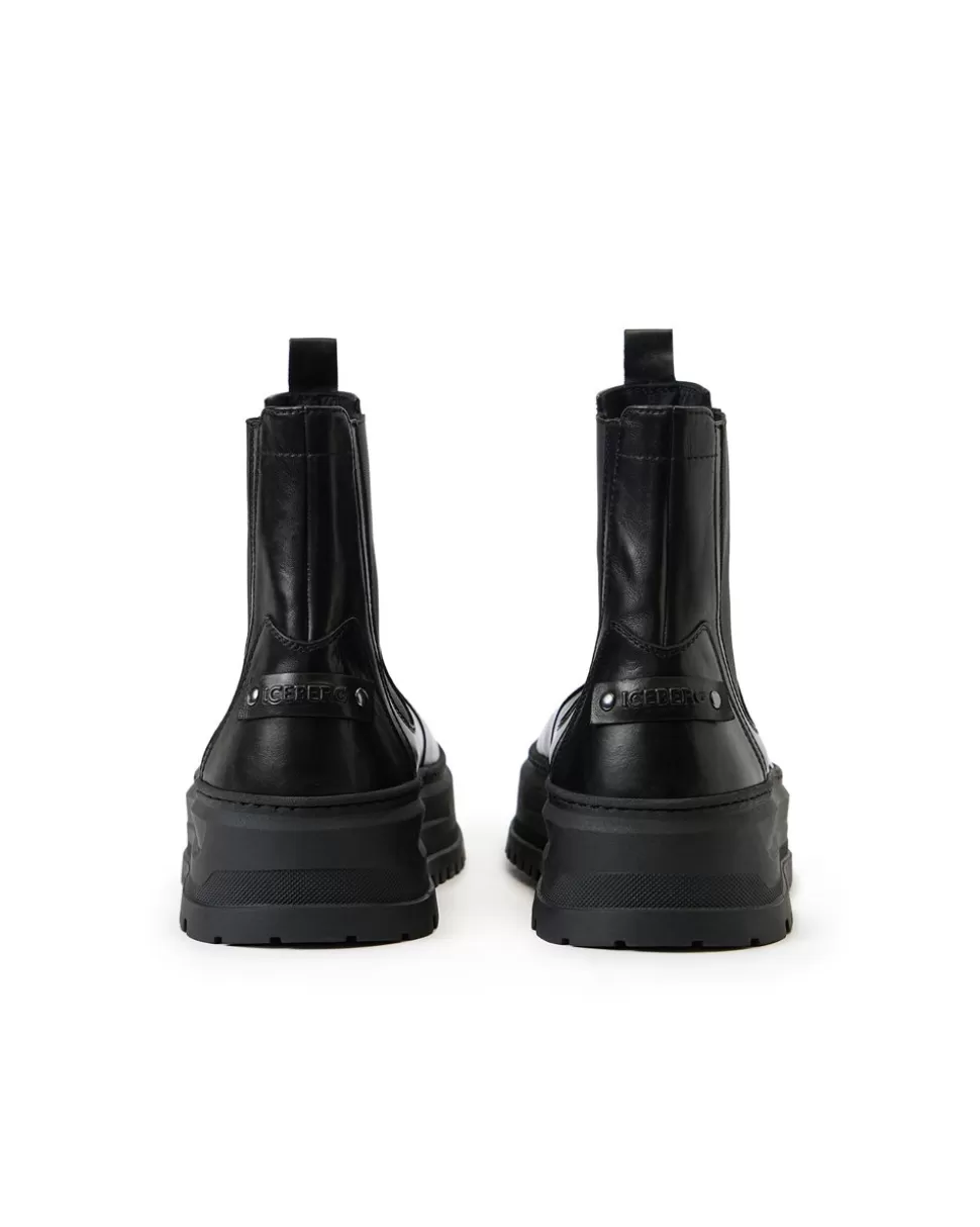 Iceberg Black Leather Ankle Boot With Elastic Sides And Stud Details | Shoes