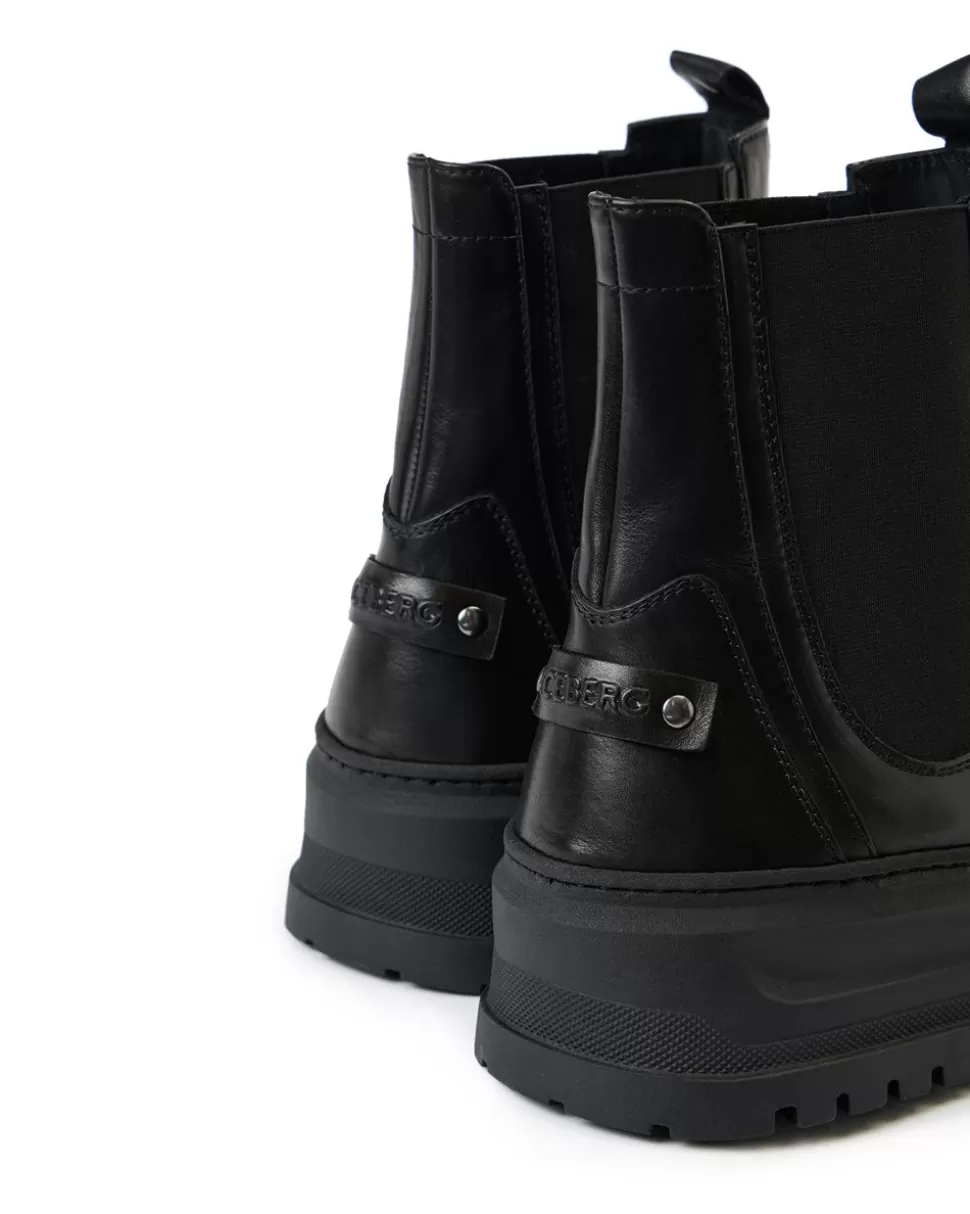 Iceberg Black Leather Ankle Boot With Elastic Sides And Stud Details | Shoes