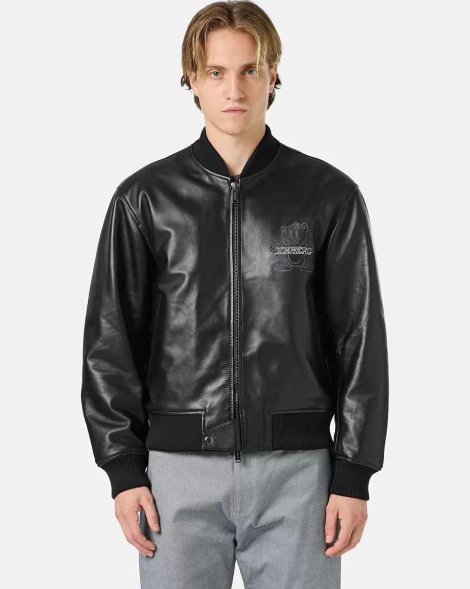 Iceberg Black Leather Bomber Jacket With Bear Embroidery And Double Slider Zip With Logo | Outerwear