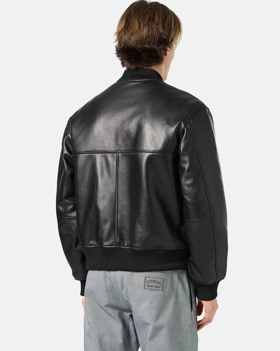 Iceberg Black Leather Bomber Jacket With Bear Embroidery And Double Slider Zip With Logo | Outerwear