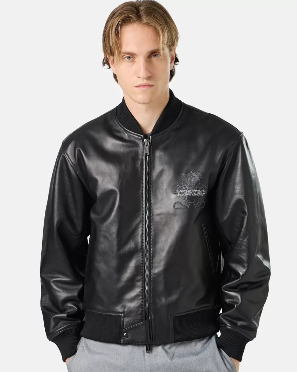 Iceberg Black Leather Bomber Jacket With Bear Embroidery And Double Slider Zip With Logo | Outerwear
