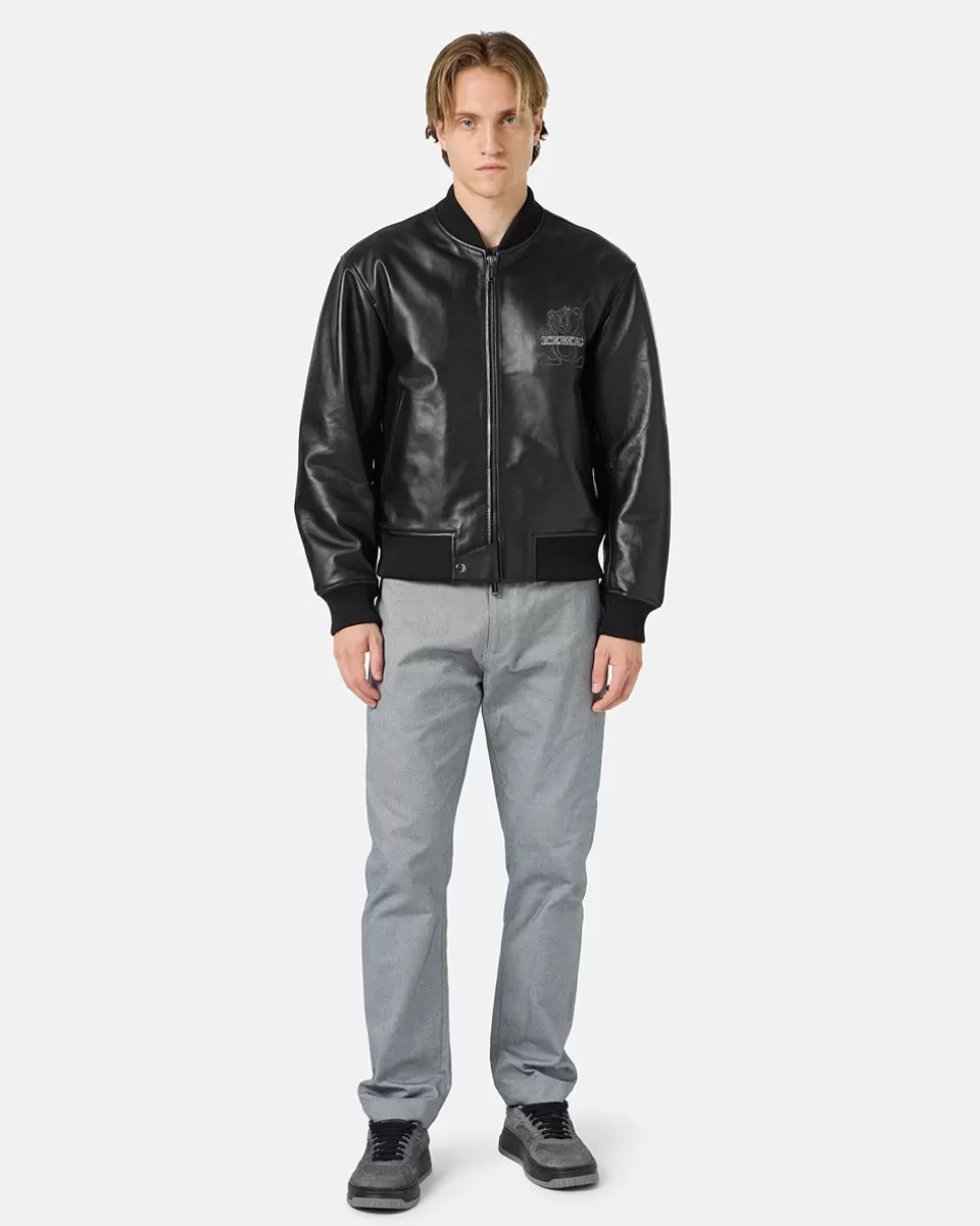 Iceberg Black Leather Bomber Jacket With Bear Embroidery And Double Slider Zip With Logo | Outerwear