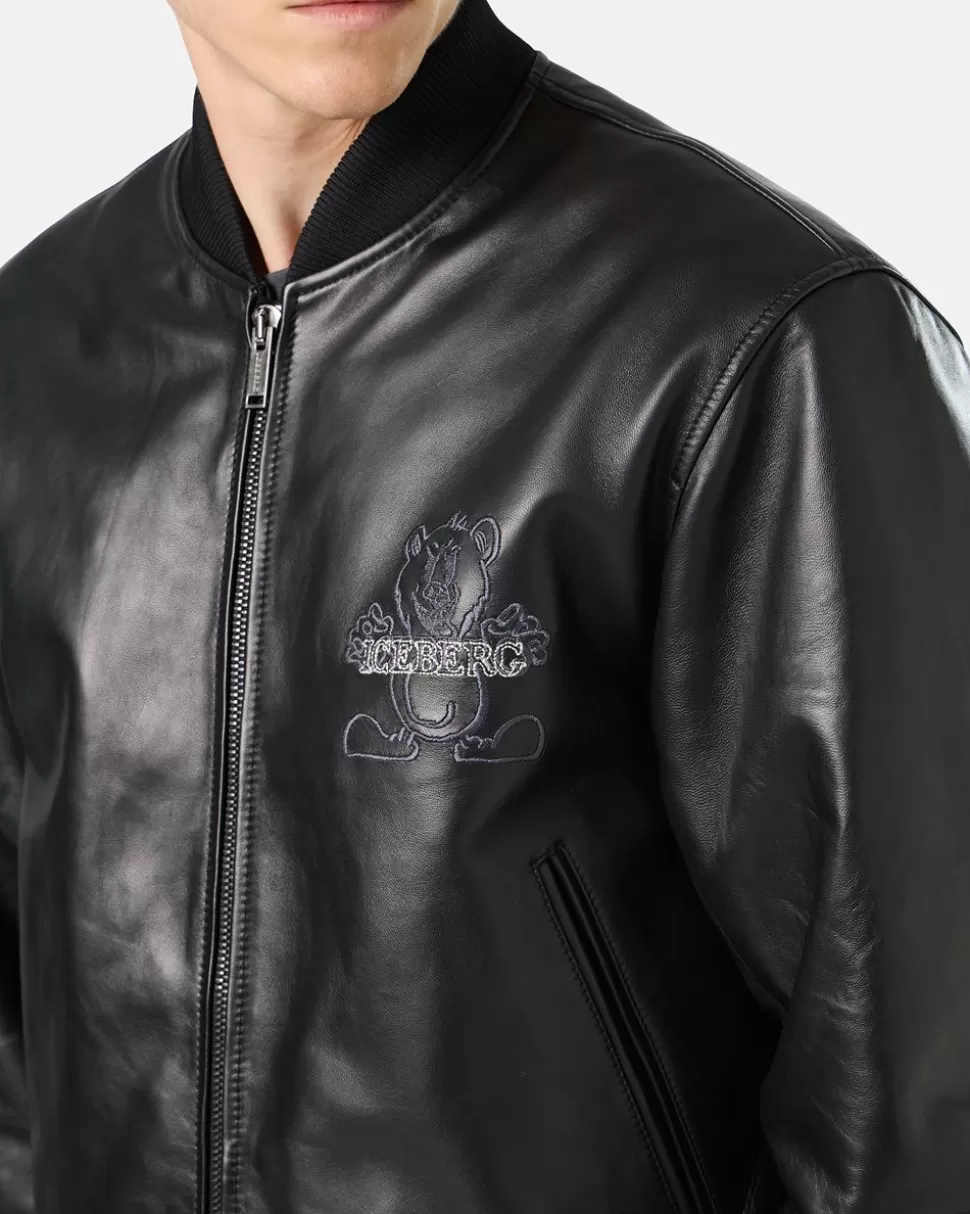 Iceberg Black Leather Bomber Jacket With Bear Embroidery And Double Slider Zip With Logo | Outerwear