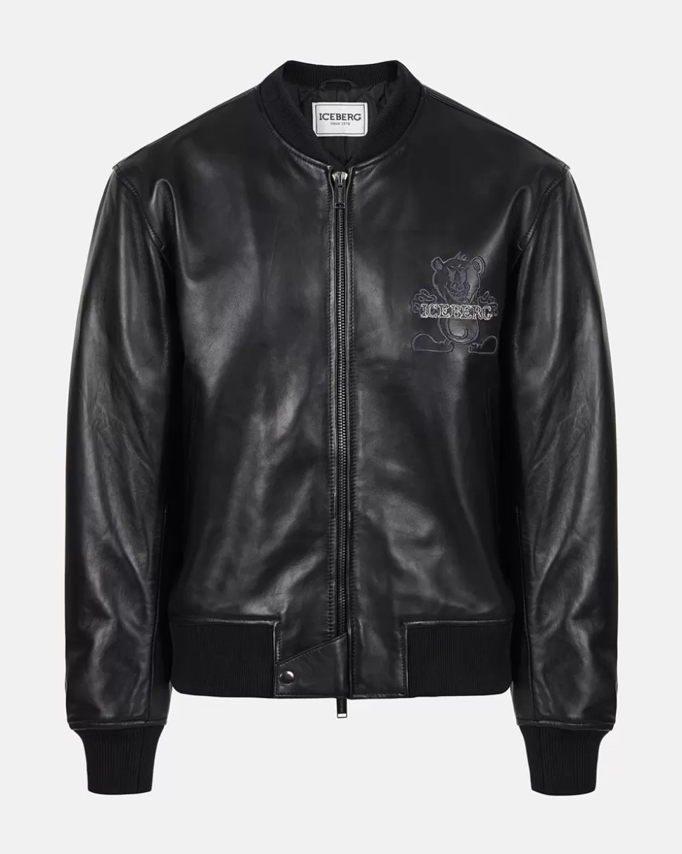 Iceberg Black Leather Bomber Jacket With Bear Embroidery And Double Slider Zip With Logo | Outerwear