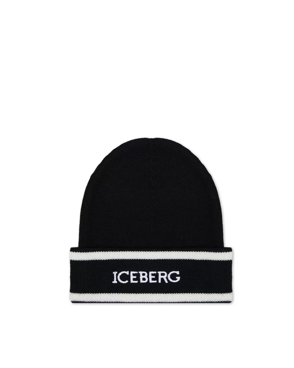 Iceberg Black Wool Beanie Hat With Logo | Kids Girl Fw24