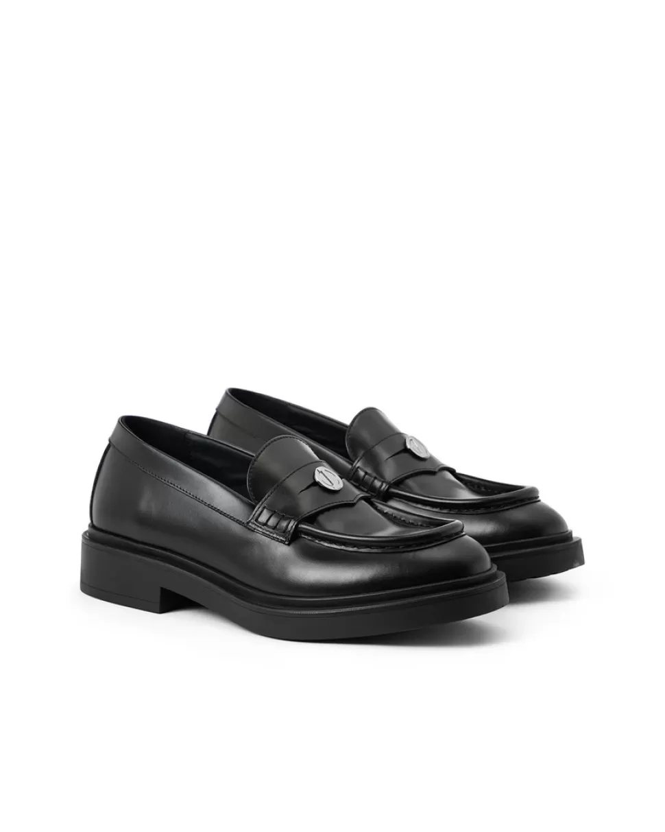 Iceberg Elegant Black Leather Loafers With Logo Monogram | Women Shoes