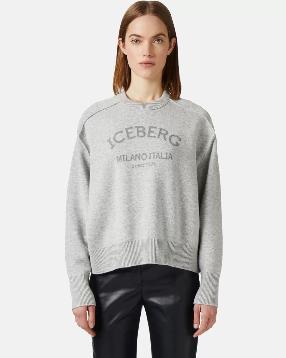 Iceberg Gray Crew-neck Sweater With Logo | Women Daywear Ice | Knitwear