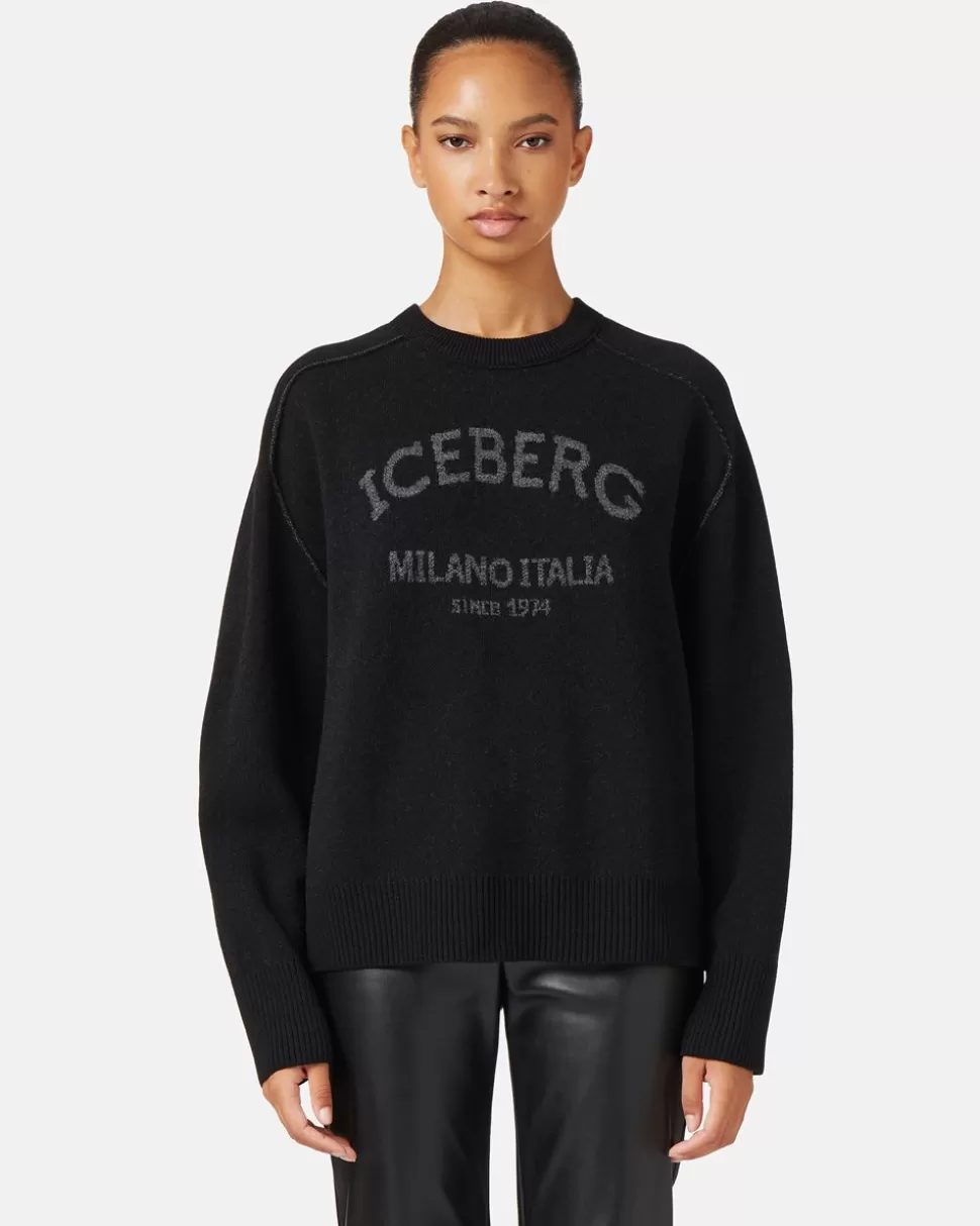 Iceberg Gray Crew-neck Sweater With Logo | Women Knitwear