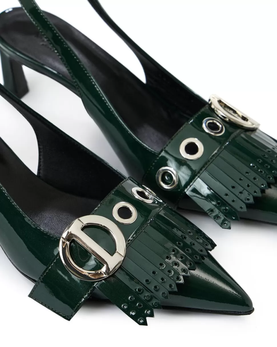 Iceberg Green Patinated Leather Pumps With Kitten Heel, Logo And Fringe | Women Shoes