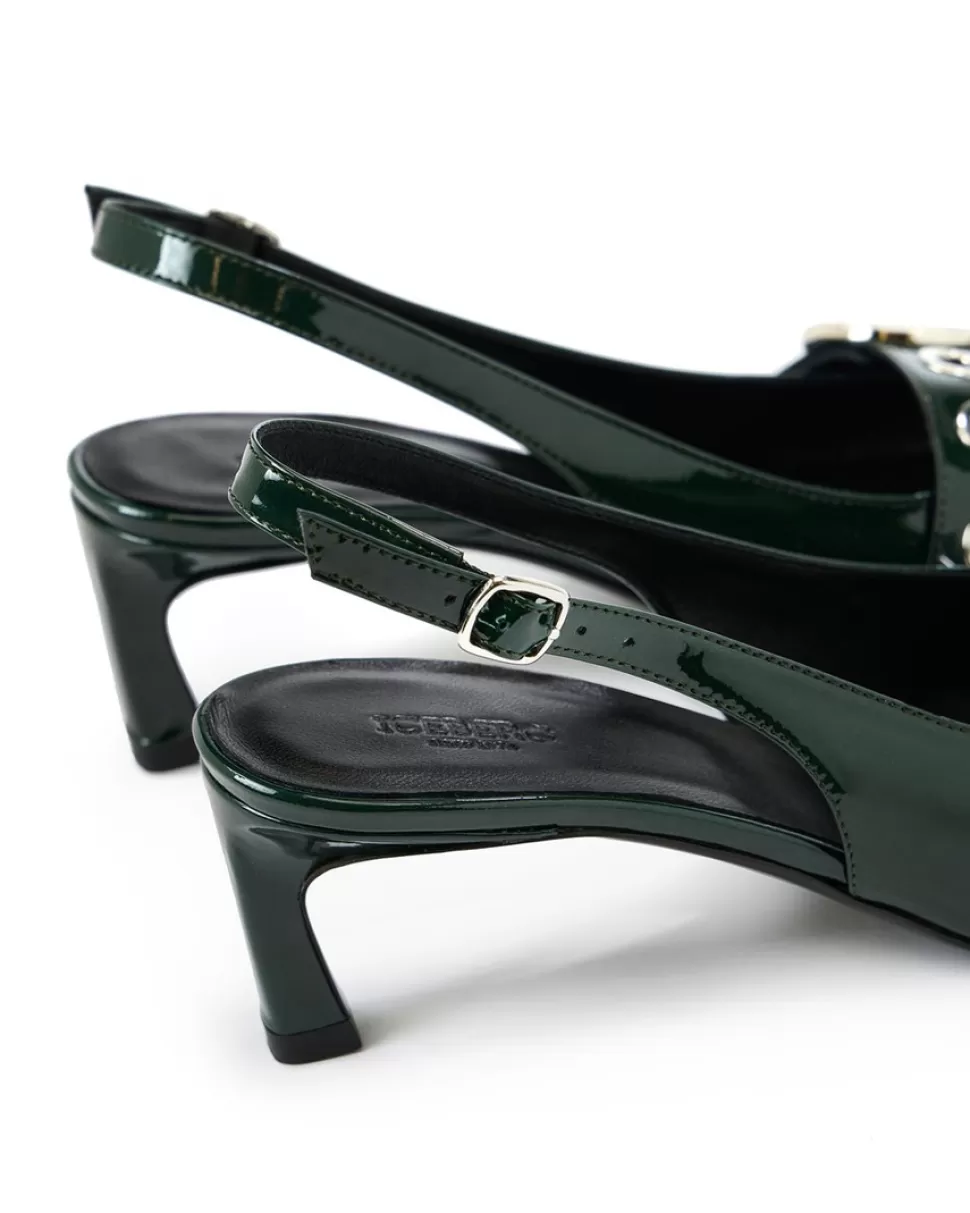 Iceberg Green Patinated Leather Pumps With Kitten Heel, Logo And Fringe | Women Shoes