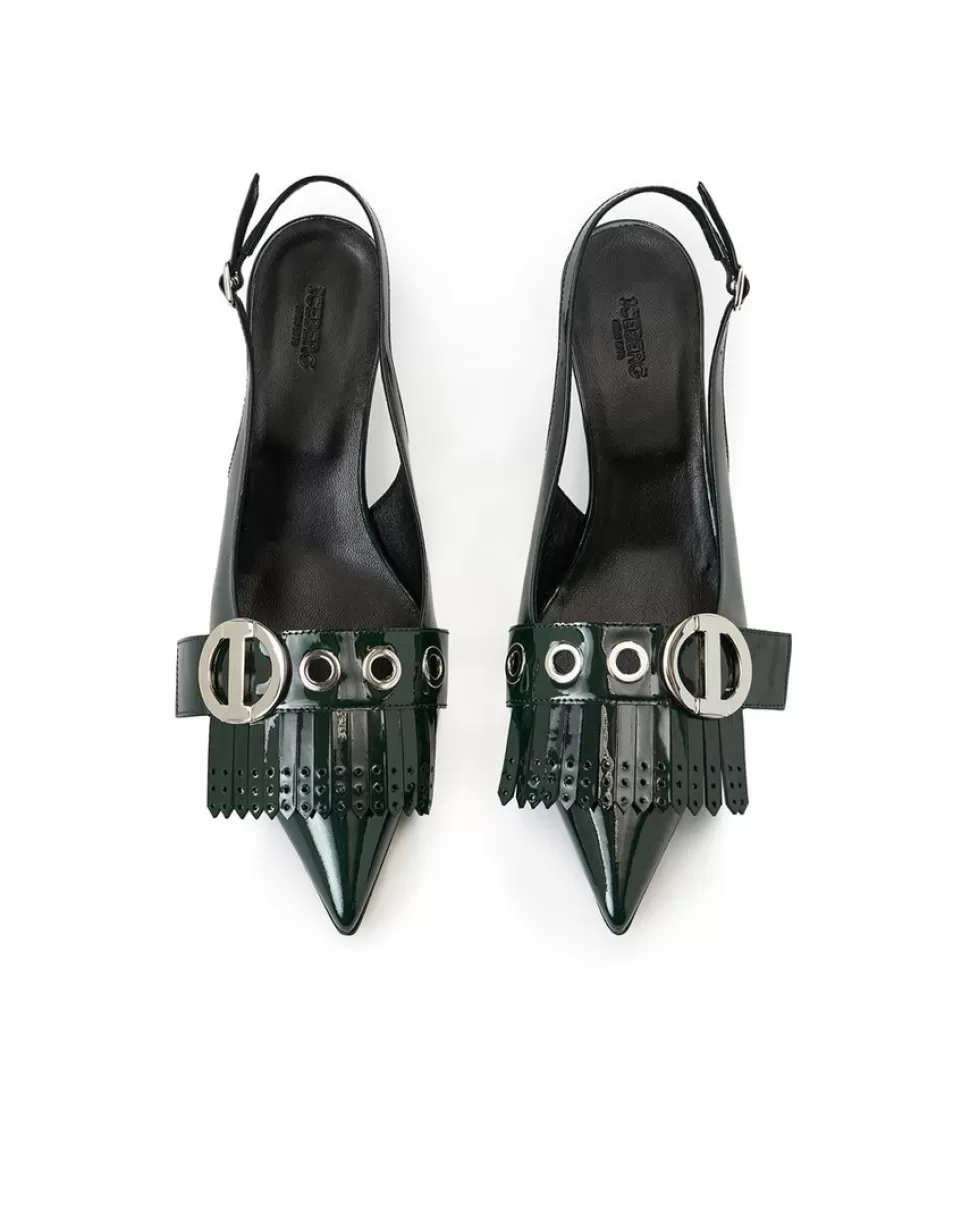 Iceberg Green Patinated Leather Pumps With Kitten Heel, Logo And Fringe | Women Shoes