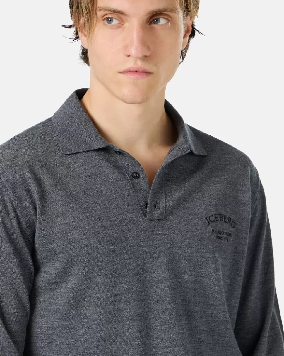 Iceberg Grey Long-sleeved Polo Shirt In Merino Yarn With Logo | Wool Double | Knitwear