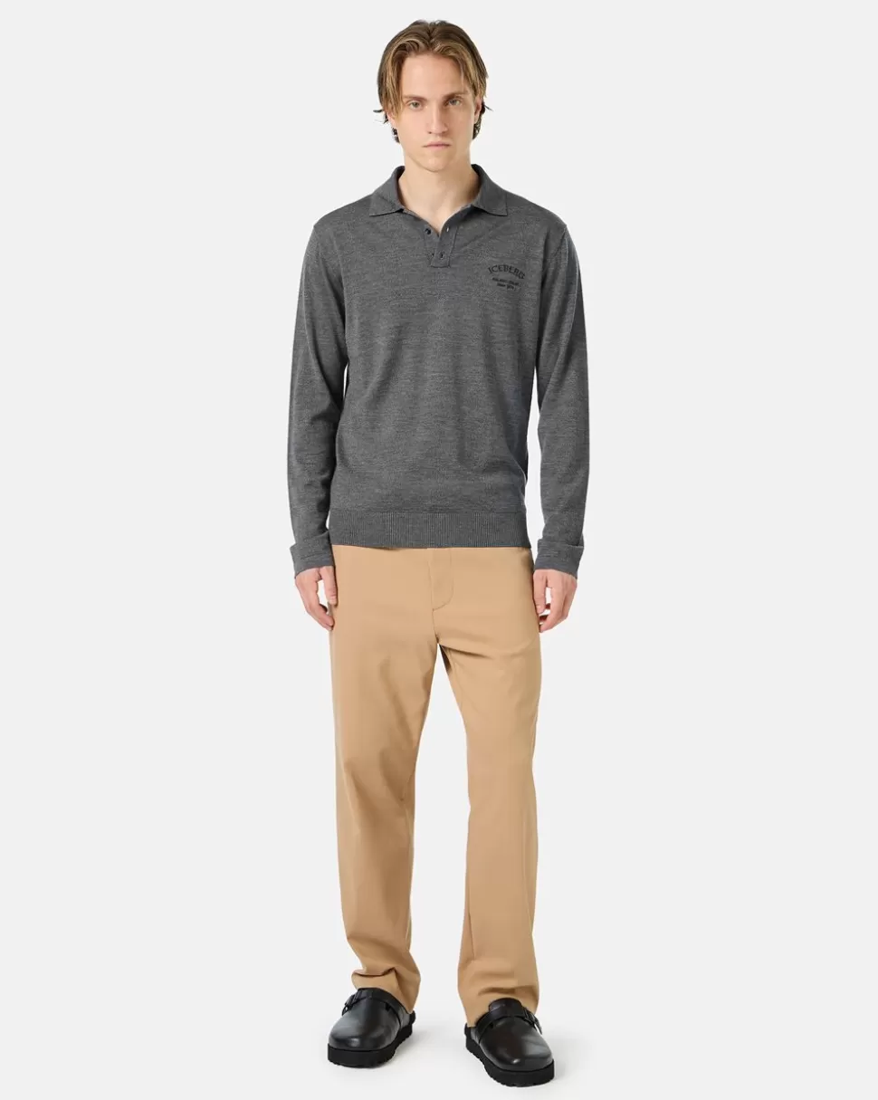 Iceberg Grey Long-sleeved Polo Shirt In Merino Yarn With Logo | Wool Double | Knitwear