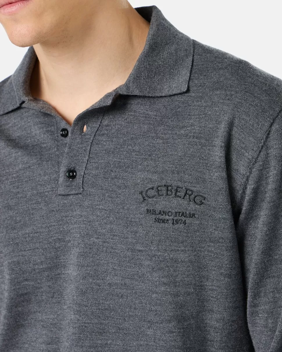 Iceberg Grey Long-sleeved Polo Shirt In Merino Yarn With Logo | Wool Double | Knitwear