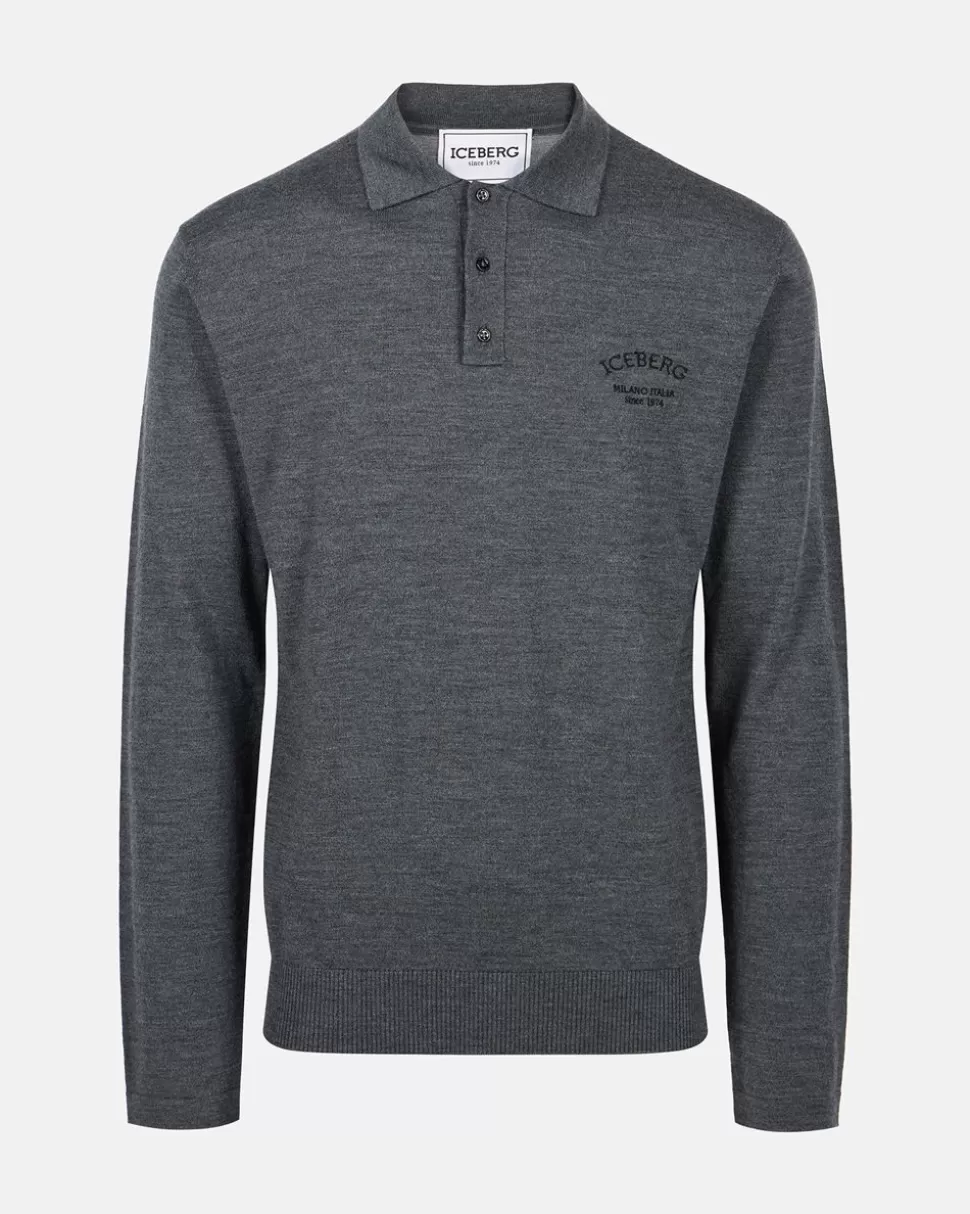 Iceberg Grey Long-sleeved Polo Shirt In Merino Yarn With Logo | Wool Double | Knitwear