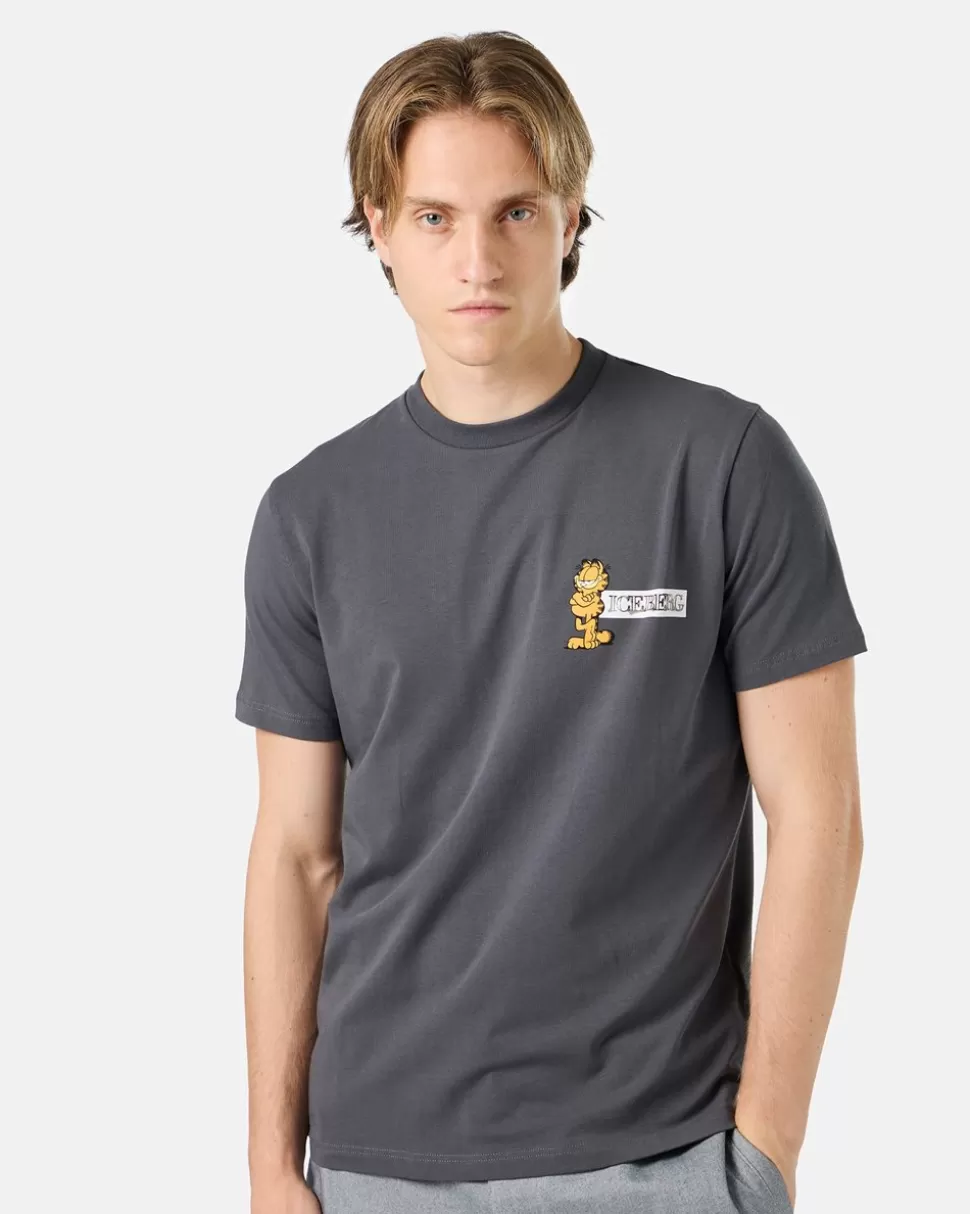 Iceberg Grey Slim-fit T-shirt In Sustainable Stretch Jersey With Garfield Print And Logo | Garfield | T-Shirts And Polo