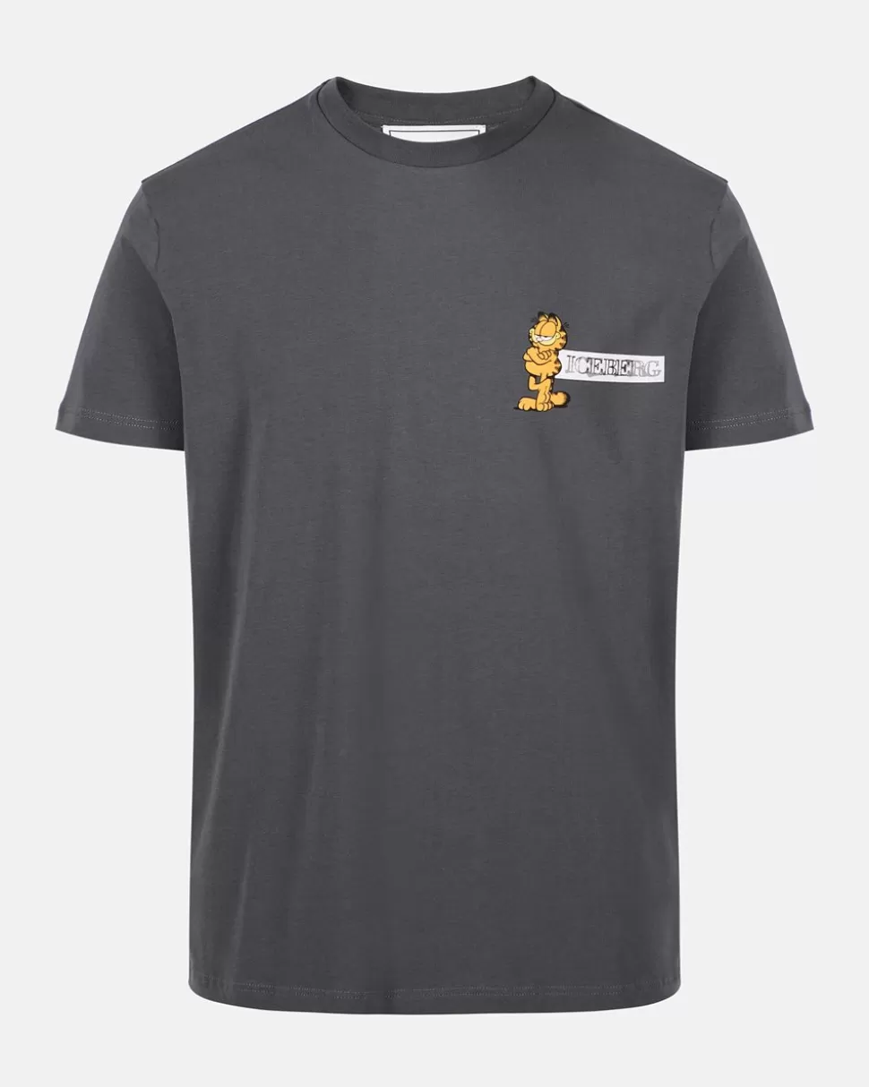 Iceberg Grey Slim-fit T-shirt In Sustainable Stretch Jersey With Garfield Print And Logo | Garfield | T-Shirts And Polo