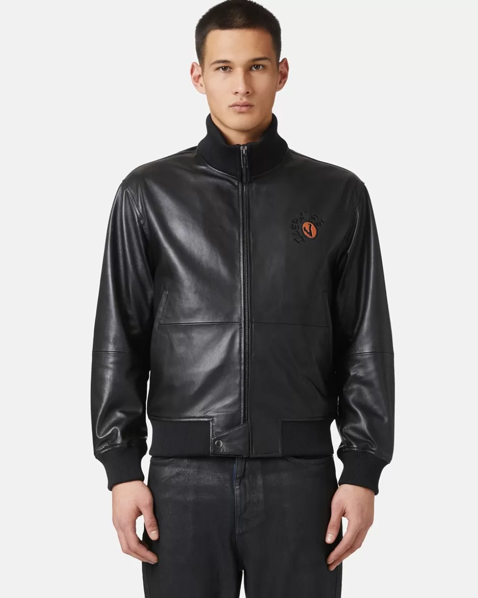 Iceberg Leather Bomber Jacket With Bear Detail | Outerwear