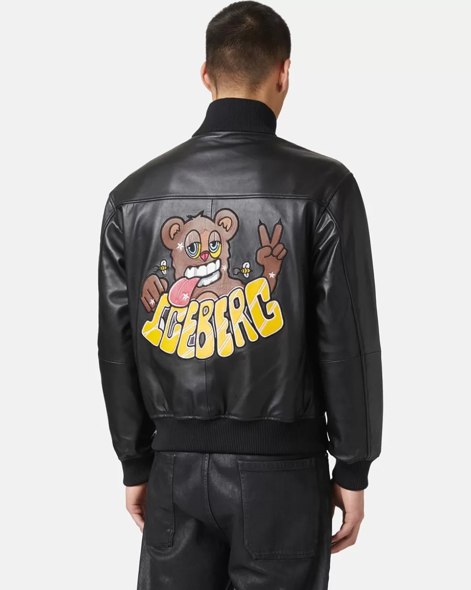 Iceberg Leather Bomber Jacket With Bear Detail | Outerwear