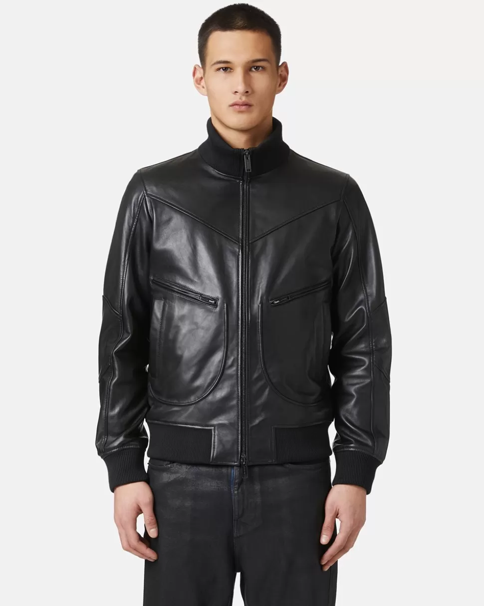 Iceberg Leather Bomber Jacket With Logo | Outerwear