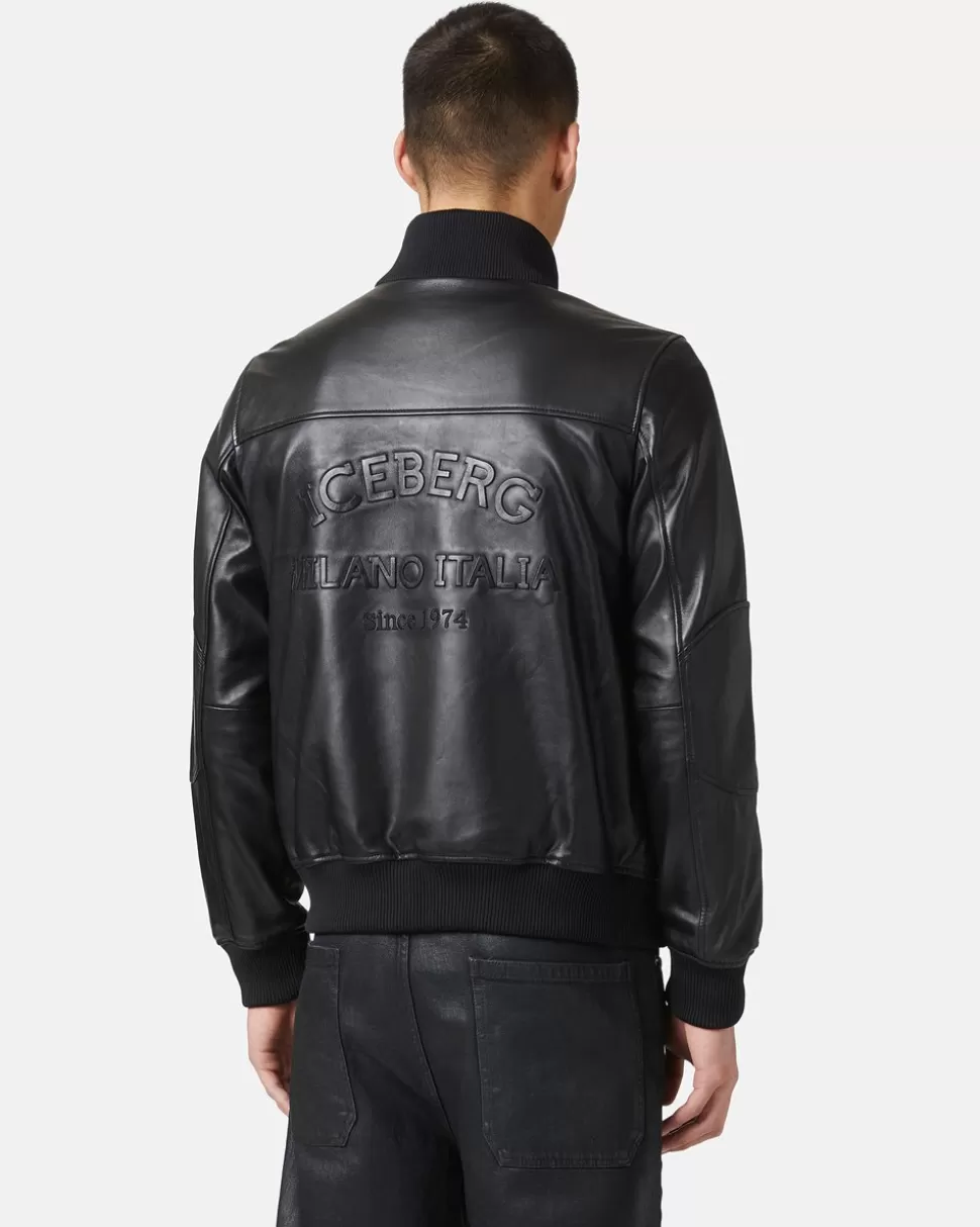 Iceberg Leather Bomber Jacket With Logo | Outerwear