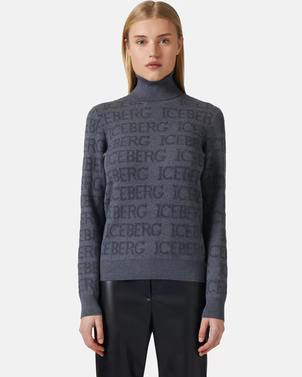 Iceberg Mock-neck Sweater With All-over Logo | Women Knitwear