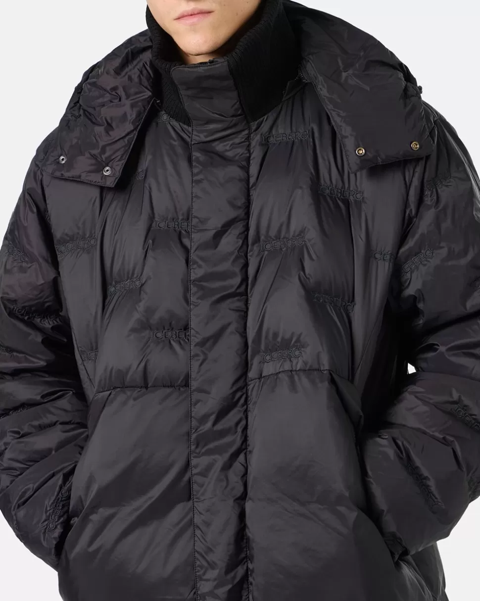 Iceberg Nylon Long Duvet Jacket With Allover Embroidery And Central Zip | Outerwear