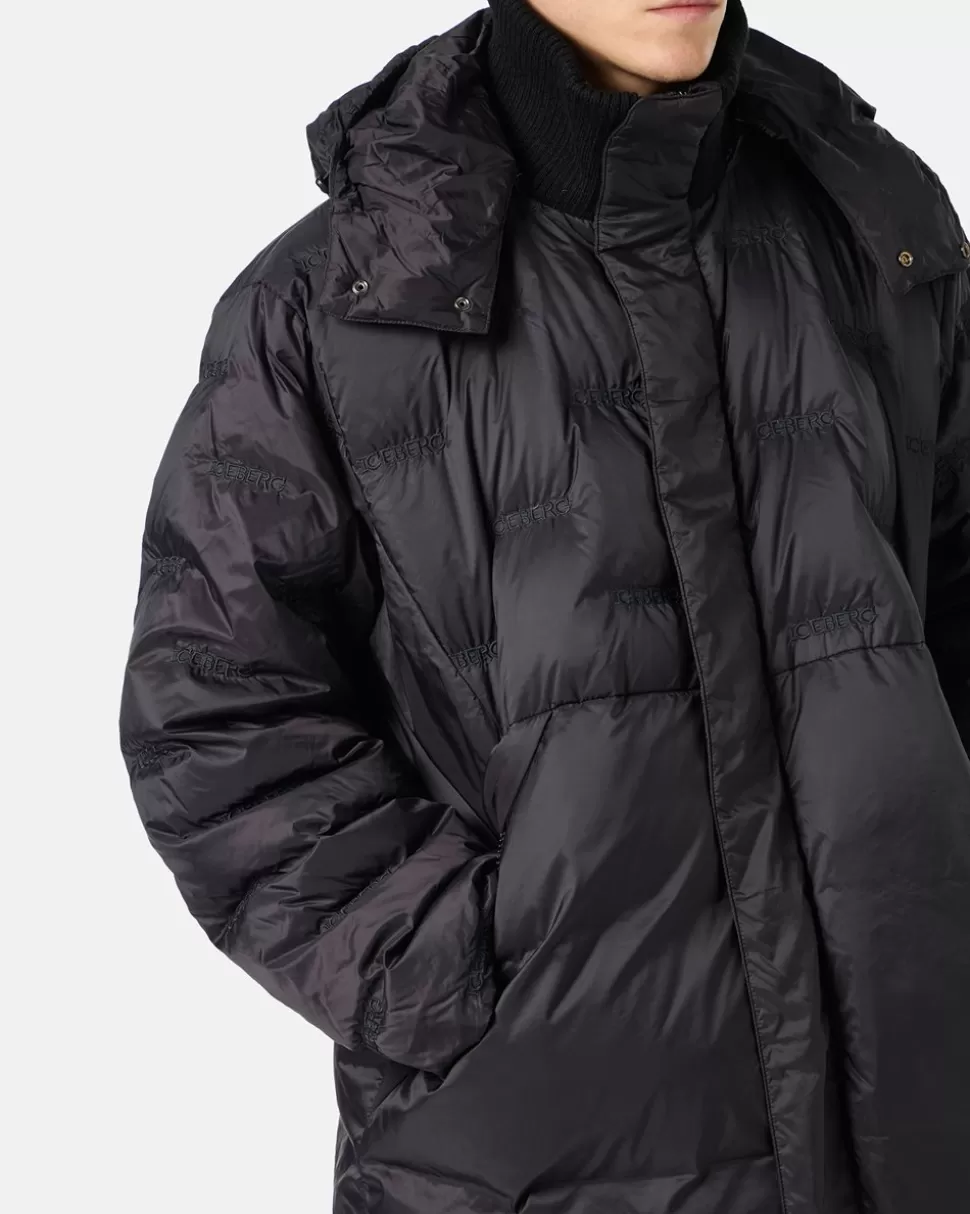Iceberg Nylon Long Duvet Jacket With Allover Embroidery And Central Zip | Outerwear