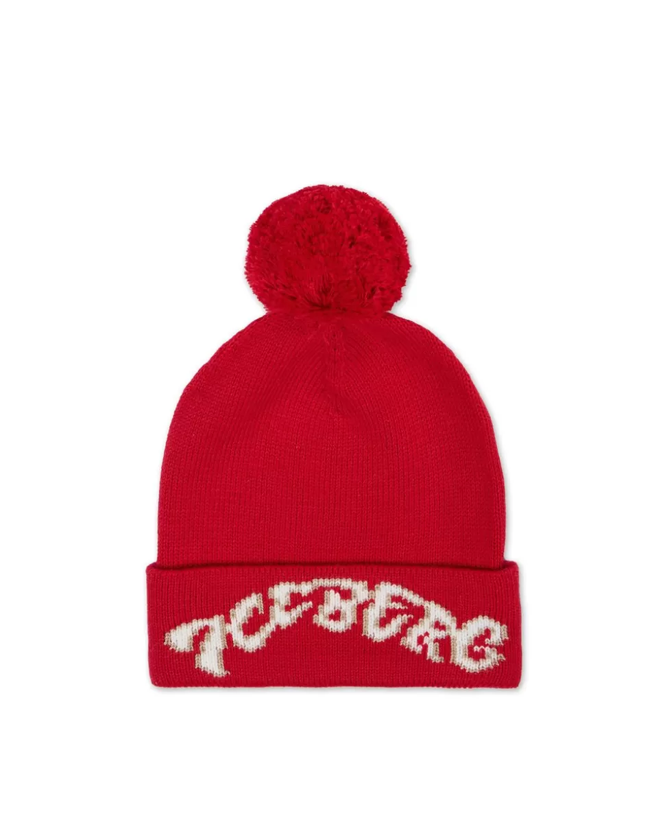 Iceberg Red Wool Beanie Hat With Pom Pom | Kids Girl Fw24