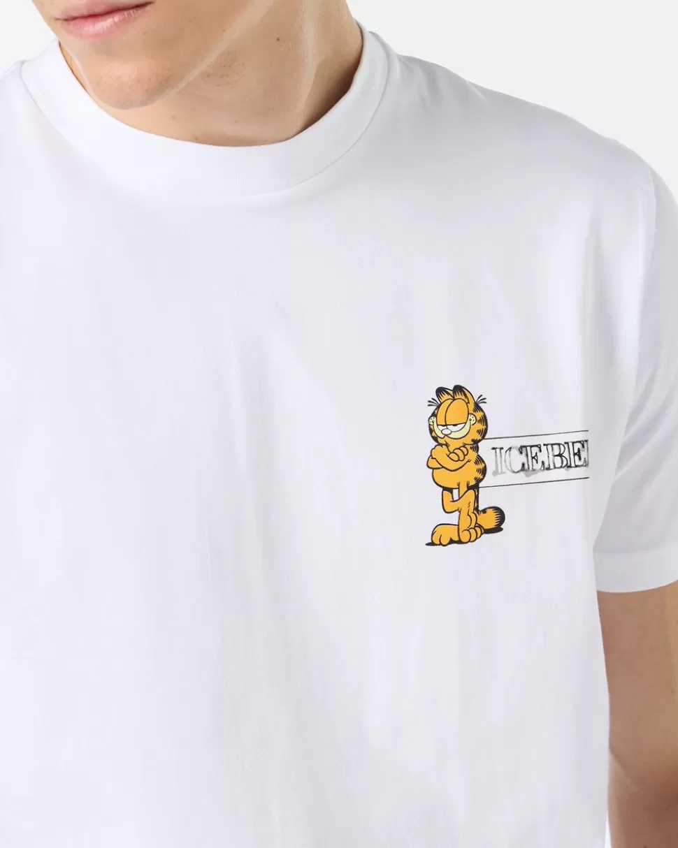 Iceberg Slim-fit White T-shirt In Sustainable Stretch Jersey With Garfield Print And Logo | Garfield | T-Shirts And Polo