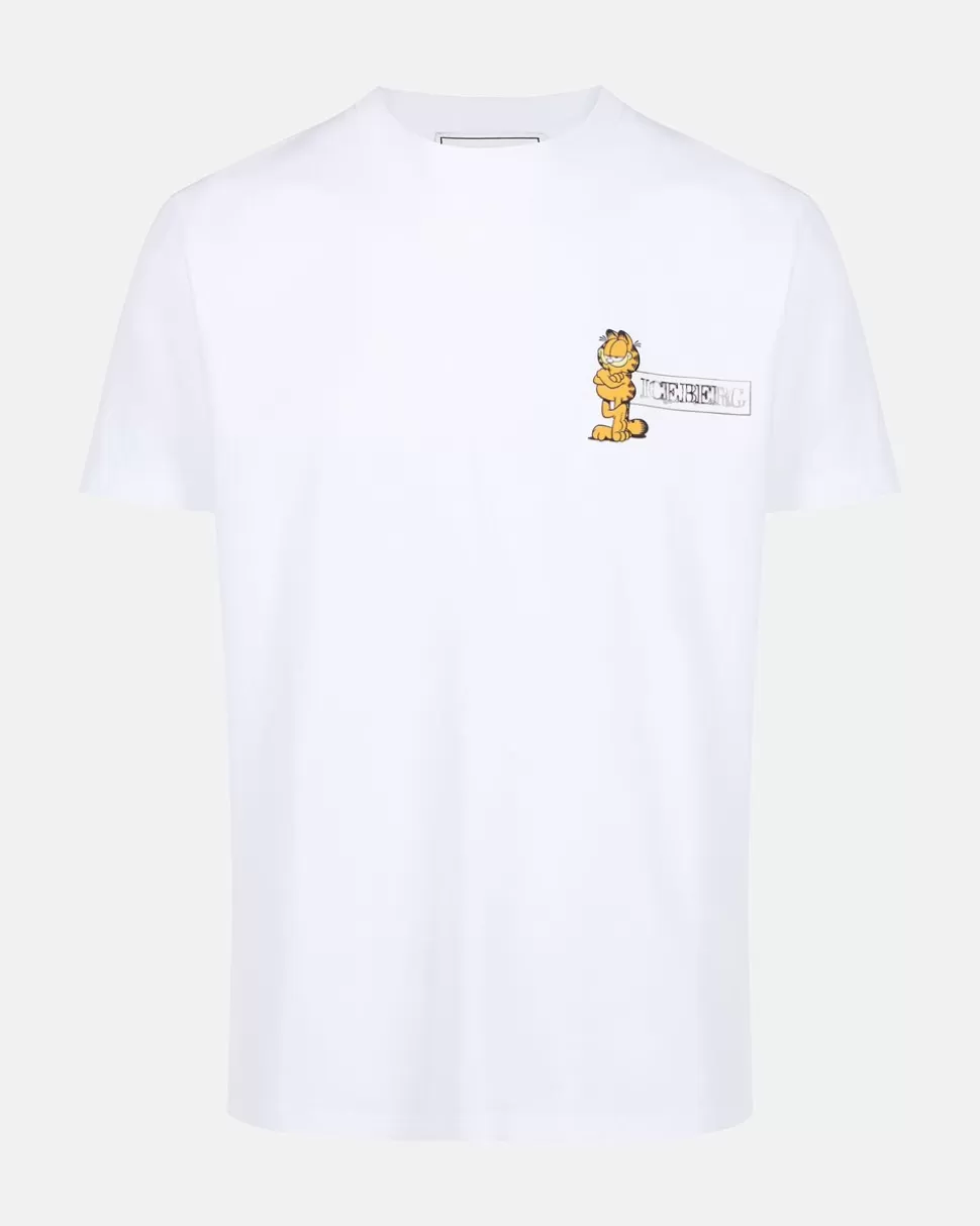 Iceberg Slim-fit White T-shirt In Sustainable Stretch Jersey With Garfield Print And Logo | Garfield | T-Shirts And Polo