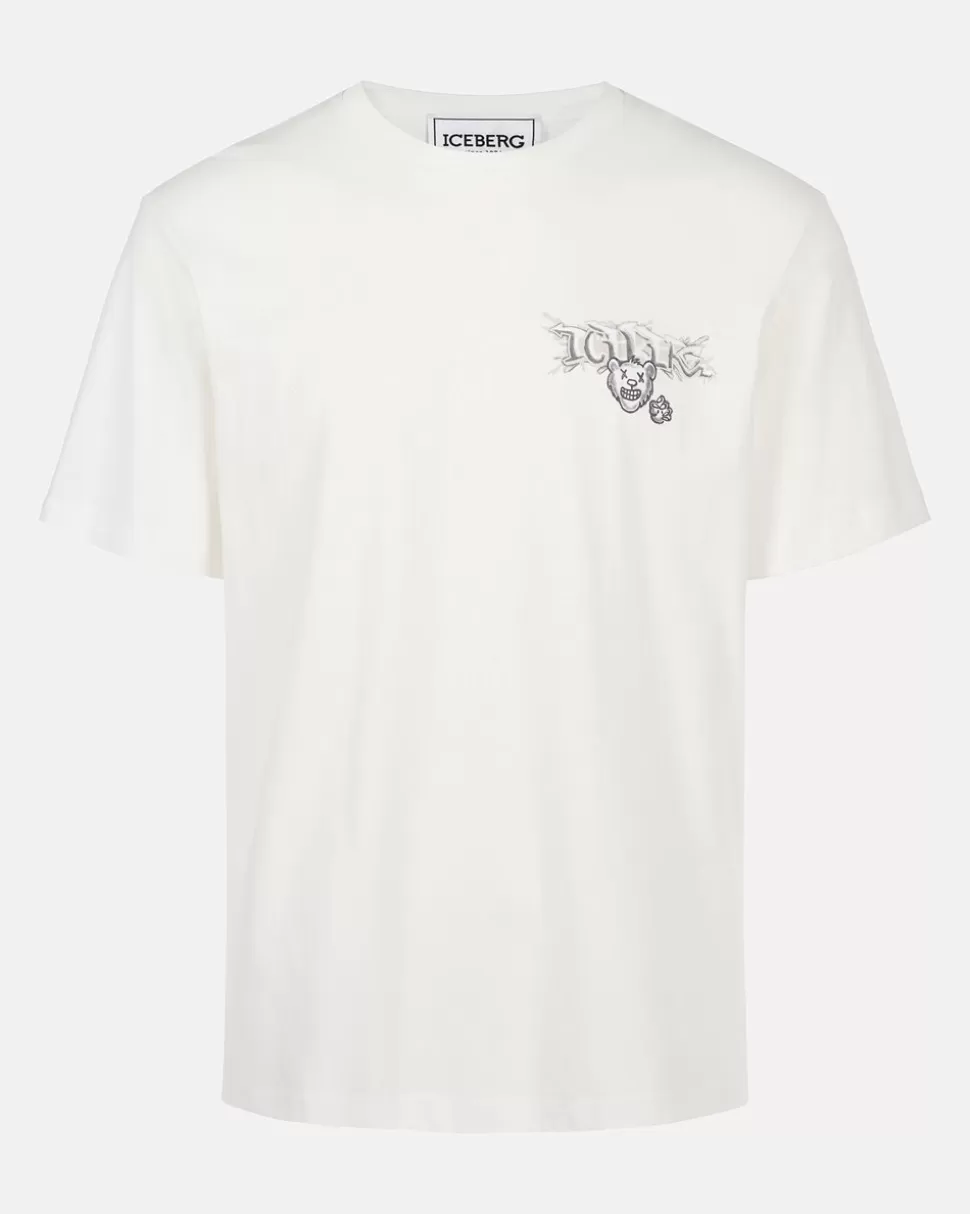 Iceberg White Cotton Jersey T-shirt With Splash And Bear Logo Print On The Heart | T-Shirts And Polo
