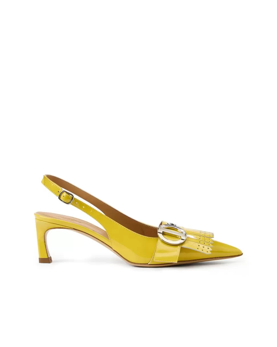 Iceberg Yellow Patinated Leather Pumps With Kitten Heel, Logo And Fringe | Women Shoes
