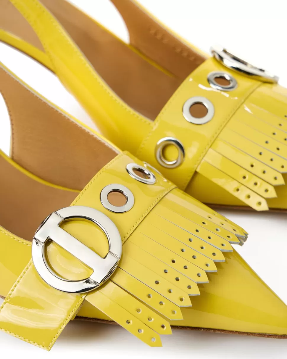 Iceberg Yellow Patinated Leather Pumps With Kitten Heel, Logo And Fringe | Women Shoes