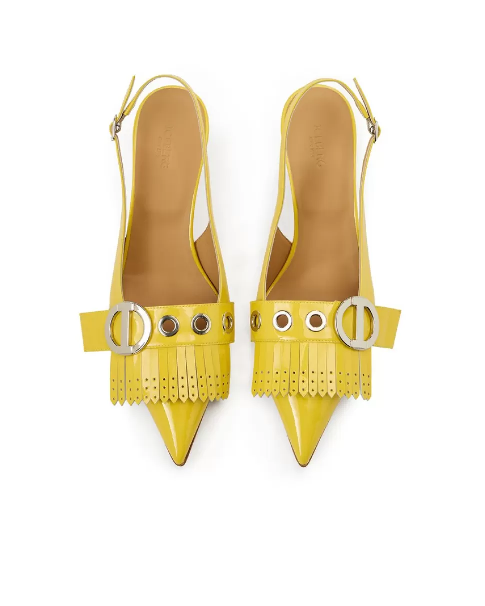Iceberg Yellow Patinated Leather Pumps With Kitten Heel, Logo And Fringe | Women Shoes